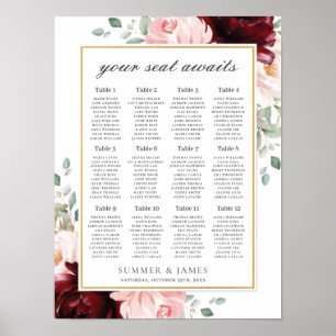 Poster Sentado De Casamento Floral Cor-De-Rosa Blush Burg