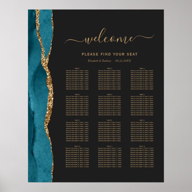 Poster Sentado Dourado Teal Agate Dark 12-Mesa De Casamen (Frente)