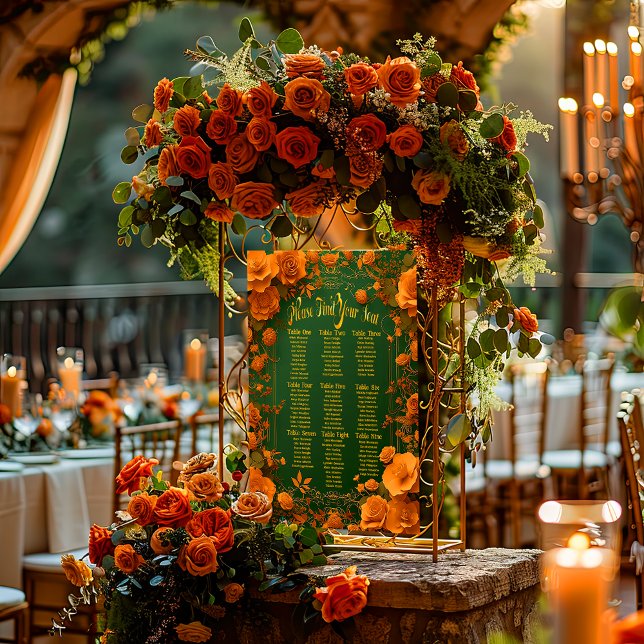 Pôster Sentado Verde, Dourado e Laranja Celular Encantado (Enchanting Orange and Green Druid-Hill Wedding Seating Chart Poster )