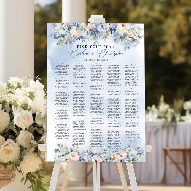 Poster Sentados alfabéticos das flores azuis e marfim ( Boho Elegant Dusty Blue and Ivory Flowers Alphabetical seating chart )