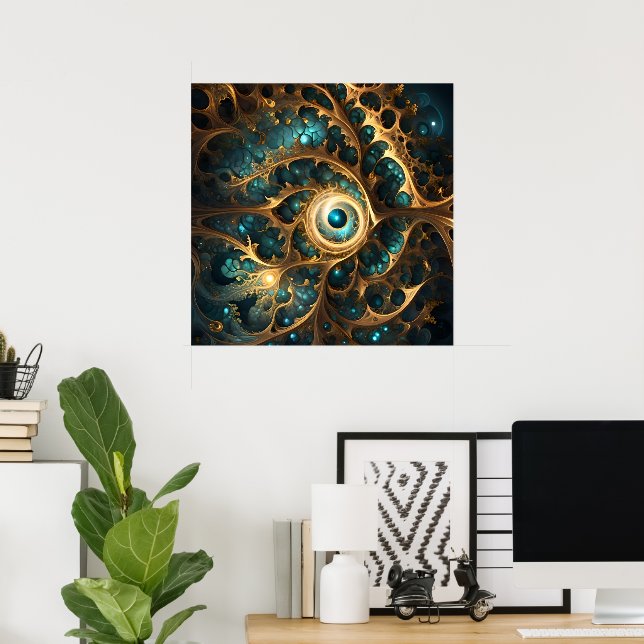Poster Sentido De Arte Fractal Dourada E Teal, (Escritório em casa)