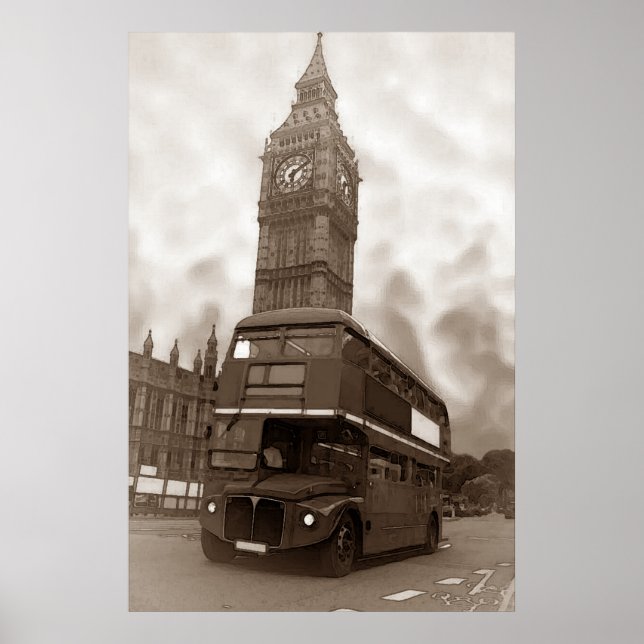 Poster Sepia Vintage London Bus Big Ben (Frente)