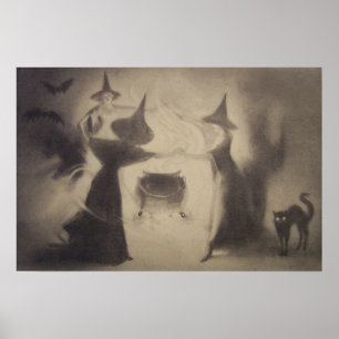Poster Sepia Witch Bat Night Cauldron Black Cat
