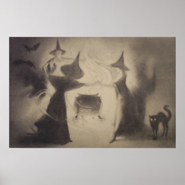 Poster Sepia Witch Bat Night Cauldron Black Cat (Frente)