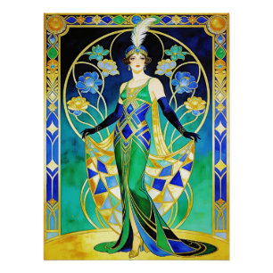 Pôster Sereia Art Déco Glamurosa em Poster Azul e Verde.