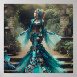 Poster Sereia Azul Esverdeada Steampunk Dama Vitoriana Vi