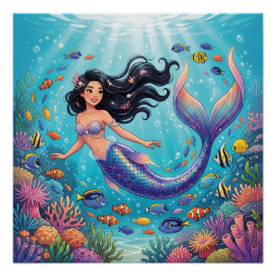 Pôster Sereia Bonita de Desenho Animado sob o Mar