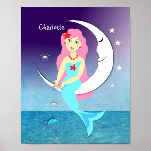 Pôster Sereia bonito Na Lua Personalizada