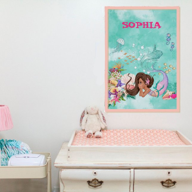 Poster Sereia Cabelo Escuro Estrela-do-Mar Rosa Bonito Pe (Criador carregado)