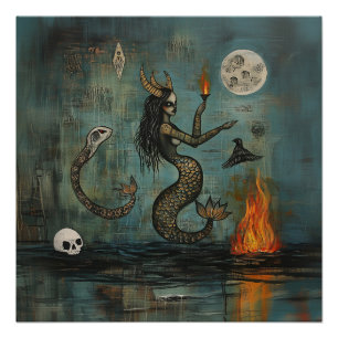 Pôster Sereia Chorada Moon Witchy AI Art Semi-Gloss