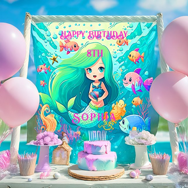 Poster Sereia Colorida, Feliz Festa de Aniversário (Colorful Mermaid Themed Birthday Party Poster)