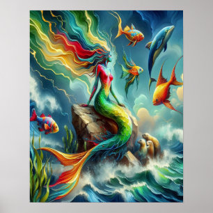 Poster Sereia Colorida Sentada em Rocky Shore 16x20
