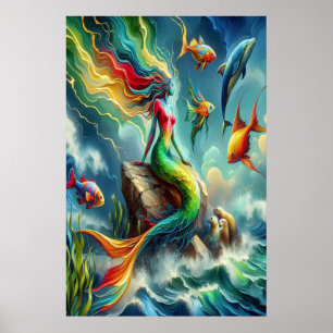Poster Sereia Colorida Sentada em Rocky Shore 24x36