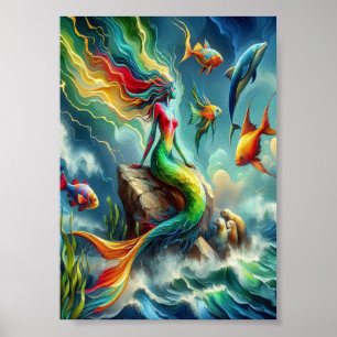 Poster Sereia Colorida Sentada em Rocky Shore 5x7