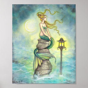 Poster Sereia com arte da fantasia da lua e da lanterna