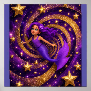 Poster Sereia de Estrela Dourada Roxa Ilusão Óptica Fan