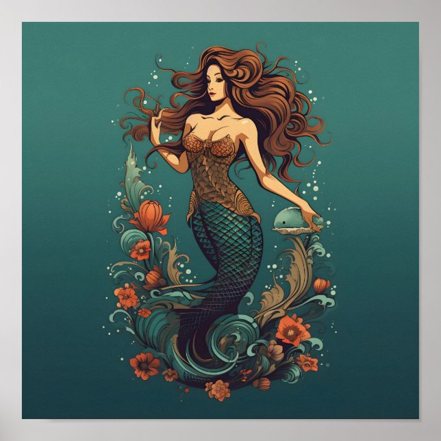 Poster Sereia dentro de um círculo de flores (Frente)