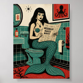 Poster Sereia dos Meados do Século no Banheiro Lendo Jorn