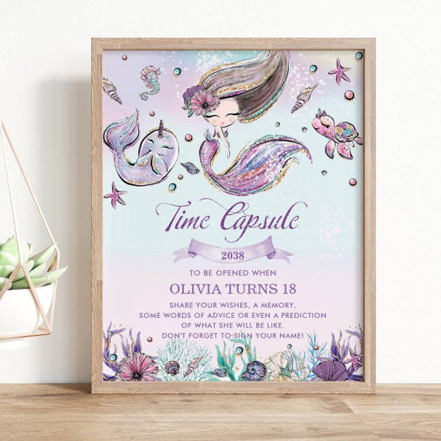 Poster Sereia Fofa Sob Cápsula Horária De Aniversário Do  (zazzle-mermaid-brunette-girl-under-the-sea-1st-birthday-time-capsule-sign-poster-activity-printed)