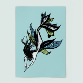 Poster Sereia Gótica Belo Desenho de Tinta Verde Azul