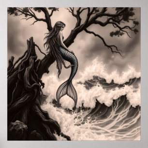 Poster Sereia Mítica Fantástica Sentada na Ramificação da
