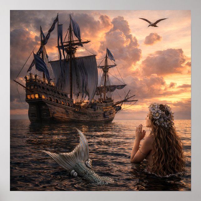 Poster Sereia Olhando Para Um Navio à Vela (Frente)