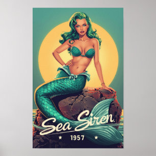 Poster Sereia Pin-Up dos Anos 50 – Arte Pop Sirene do Mar