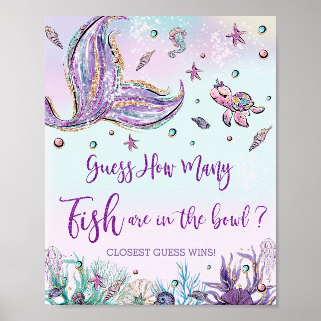 Poster Sereia Quantos Peixes no Aquário Chá de Bebê Anive (Frente)