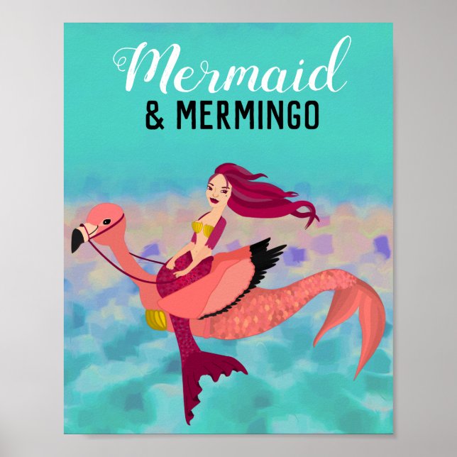 Poster Sereia Roxa bonito e Flamingo Mermingo (Frente)