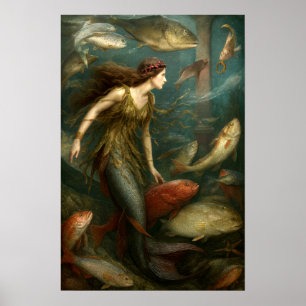 Poster Sereia sob o mar com peixes