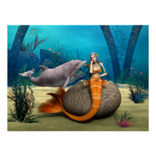 Pôster Sereia Sonhadora Golfinho Arte Fantasia Subaquátic