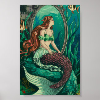 Poster Sereia Vintage sob o mar olhando em espelho