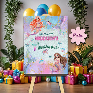 Poster Sereias Brilho Rosa Roxo 7º Aniversário Bem-vindo
