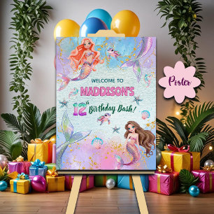 Poster Sereias Brilho Rosa Roxo Bem-vindo 12º Aniversário
