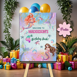 Poster Sereias Brilho Rosa Roxo Bem-vindo 4º Aniversário