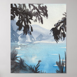 Poster Serena Paisagem Lacustre Arte de Parede em Aquarel