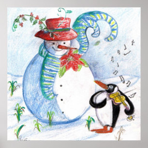 POSTER SERENATA DE INVERNO DO BONECDO DE NEVE E DO PINGUI