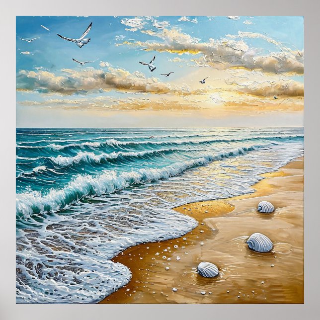 Poster Serene Beachscape Com Ondas, Conchas (Frente)