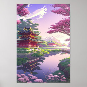 Poster Serene Beauty, Templo Japonês pelo Rio Calm