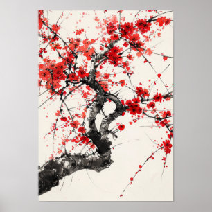 Poster Serene Cherry Blossom Tree China Ink Po