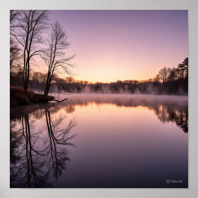 Poster Serene Dawn Lake Scense com Misty Sunrise (Frente)