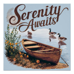 Pôster Serene Lake Boat com gansos e flores selvagens