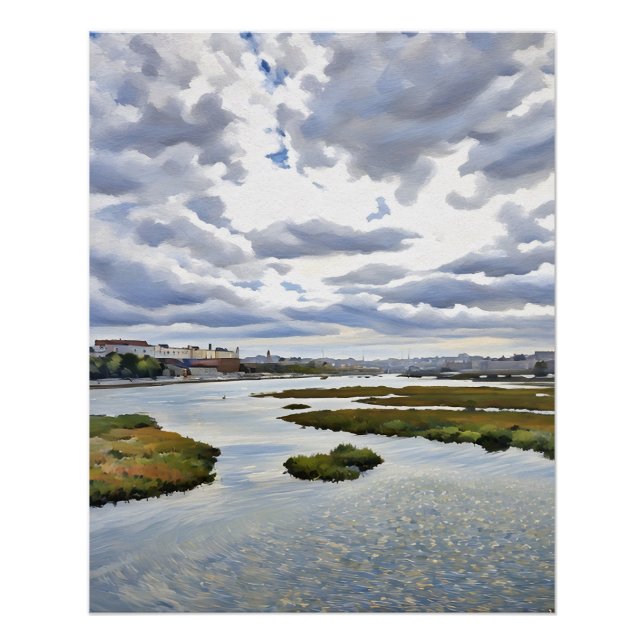 Pôster Serene Landscape Painting with Dramatic Sky (Frente)