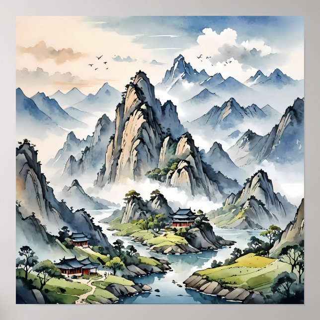 Poster Serene Misty Mountain, Tranquil Landscape (Frente)