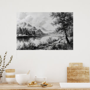 Poster Serene Mountain Lake Black & White Art