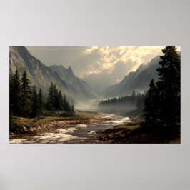 Poster Serene River Flowing Through Mountain Hill Valley 