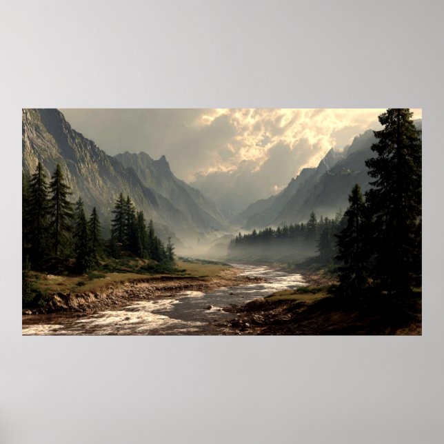 Poster Serene River Flowing Through Mountain Hill Valley  (Frente)