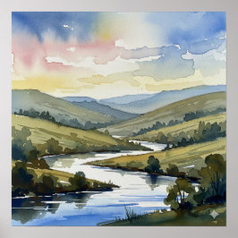 Poster Serene River Landscape Watercolor