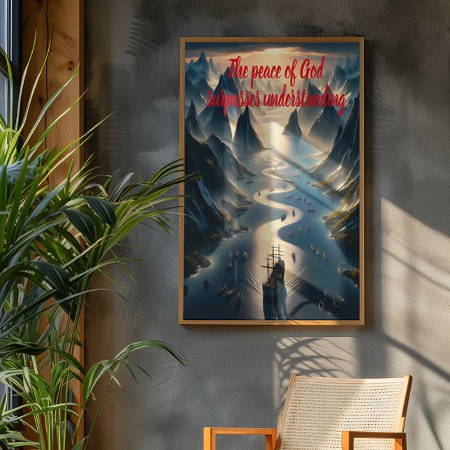 Poster Serene Sail: Barco, Água, Montanhas (Criador carregado)