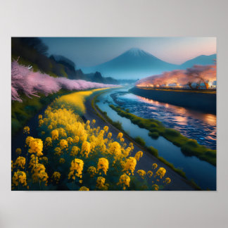 Poster Serene Sakura e Blossomas com Montanha Majestosa